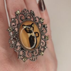 Vintage Betsey Johnson Silver and Pink Cat Statement Ring Size 7